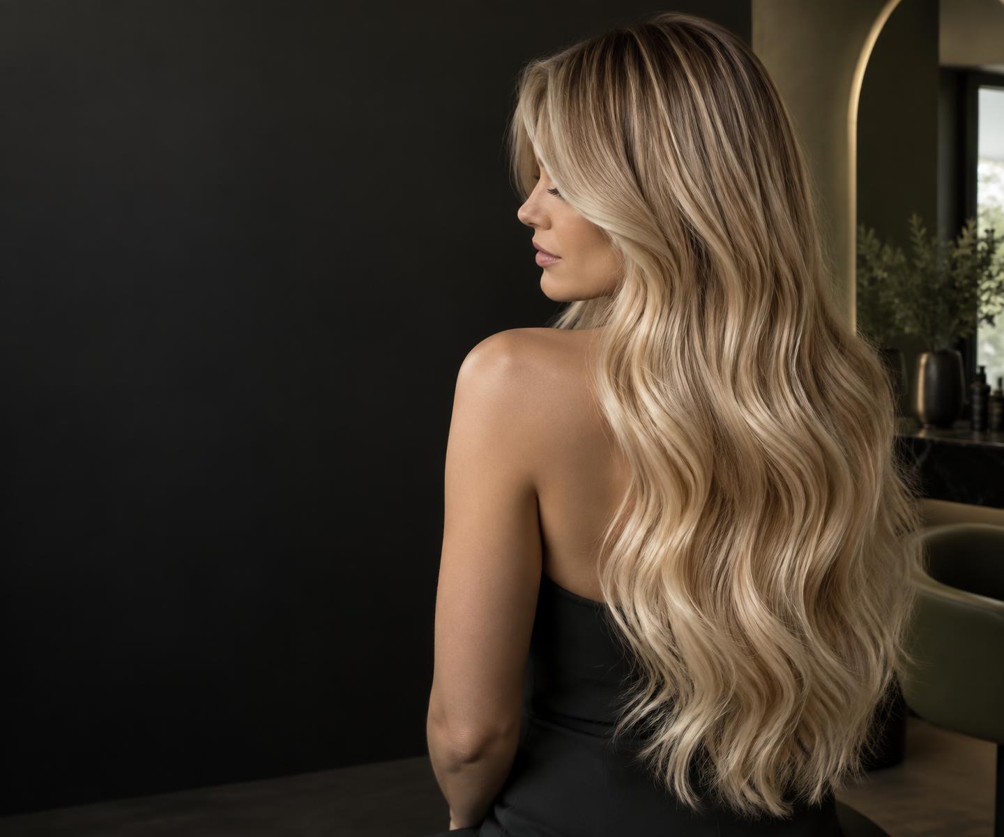 Cabelo loiro longo com ondas e nuances luminosas